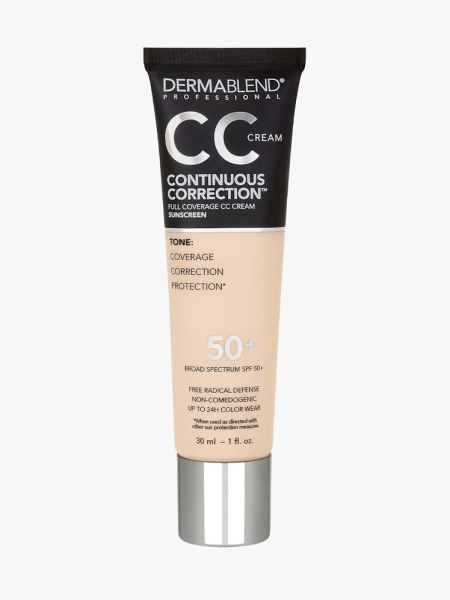 Dermablend Continuous Correction CC Cream SPF 50 in branded component on a light gray background