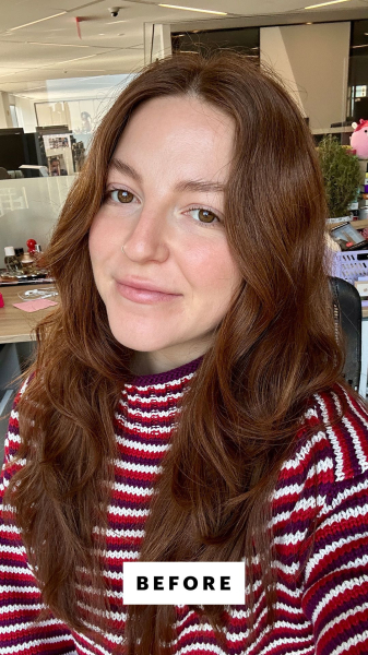 Allure senior staff writer Elizabeth Gulino before applying the Jones Road The Eyeshadow Stick